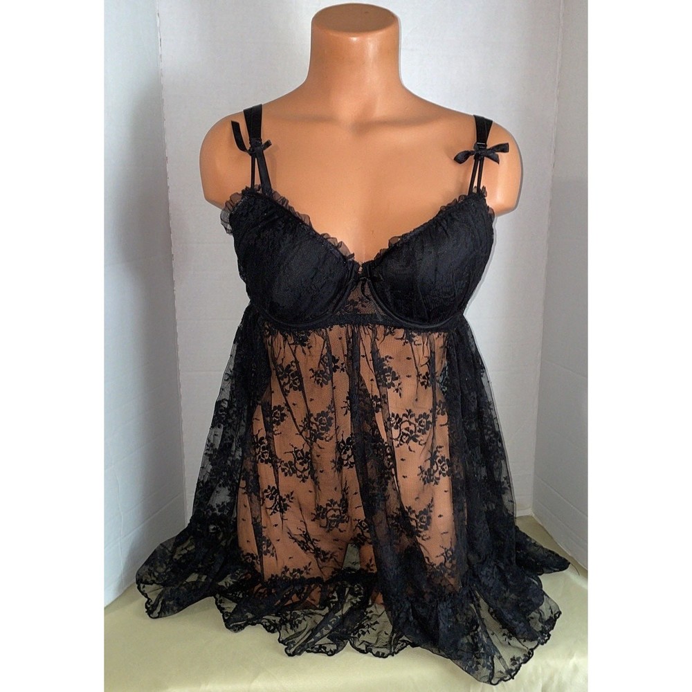 Black PEEK A BOO lacie babydoll negligee nightgown chemise Lingerie 2XL - Picture 2 of 7